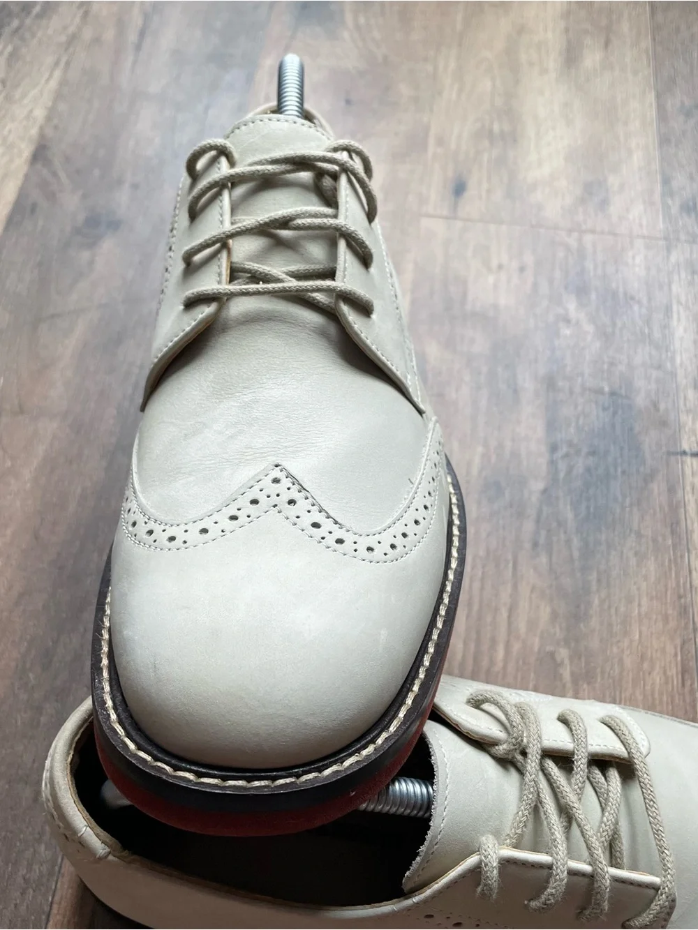 Johnston & Murphy Cream Wingtip Derby with Red-Brown Sole